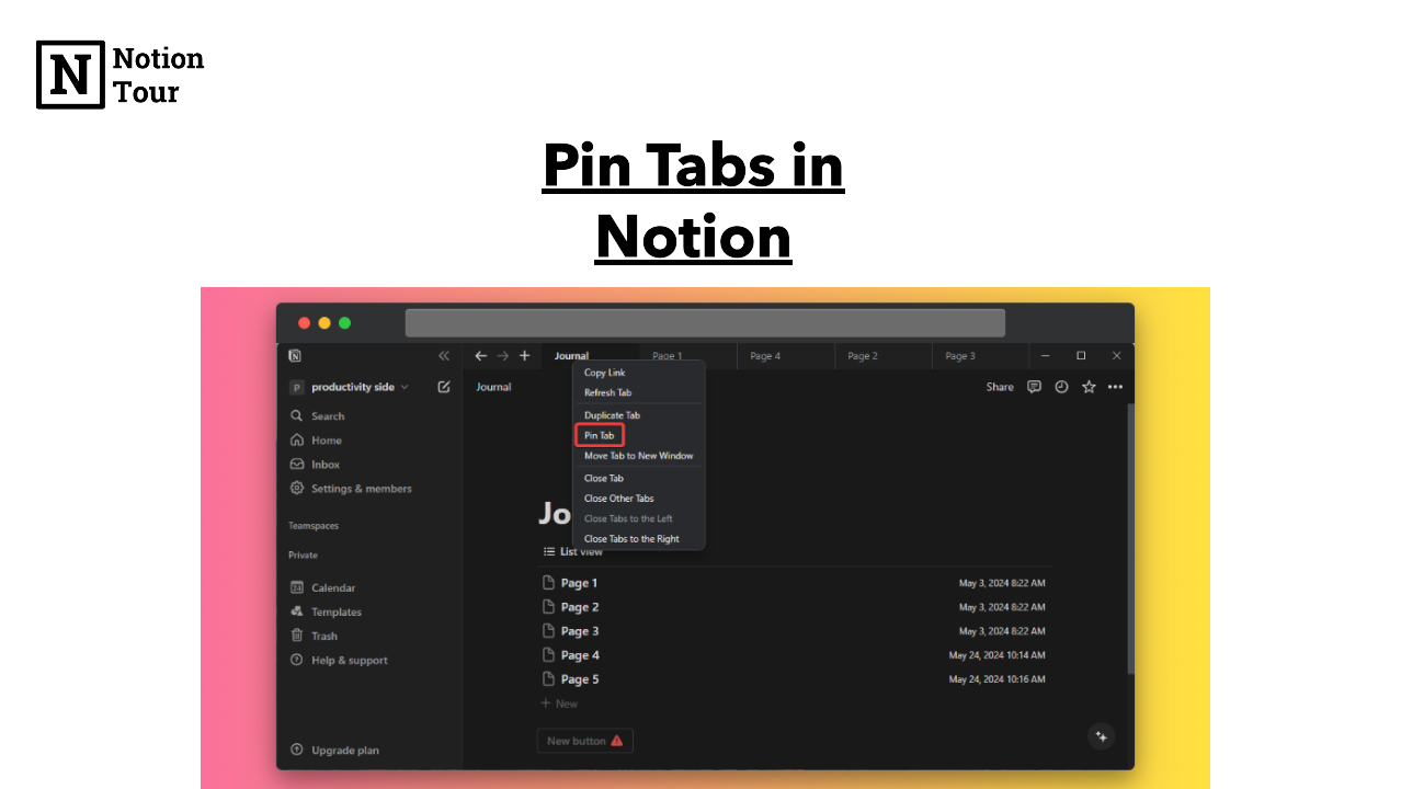 How to Pin Tabs in Notion - Notion Tour