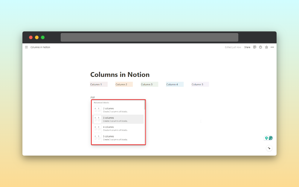 column block in notion