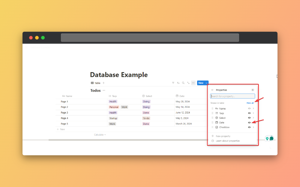 hide properties in notion