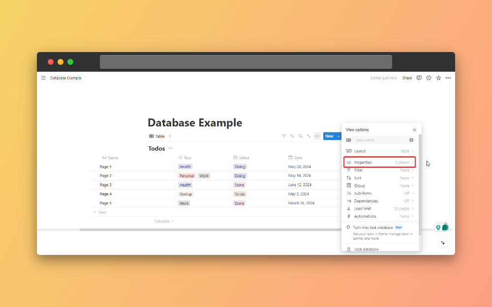 properties setting in notion