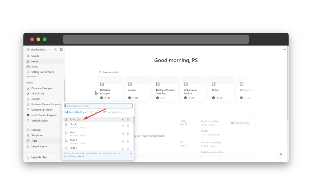 restore trash in notion