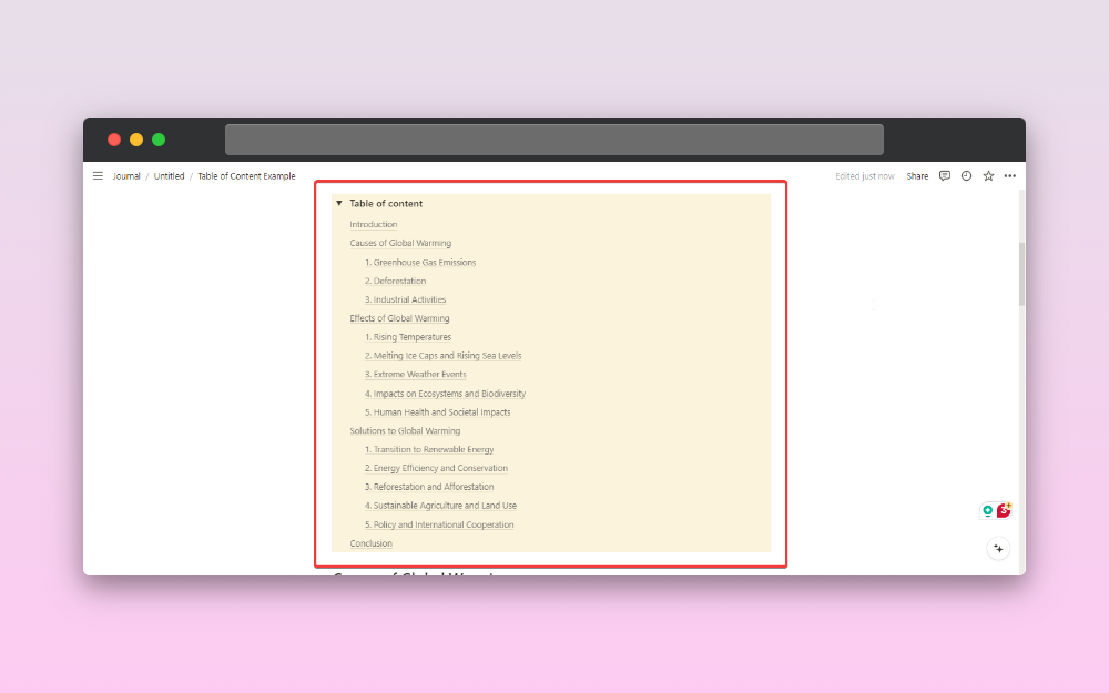 toggle table of content in notion