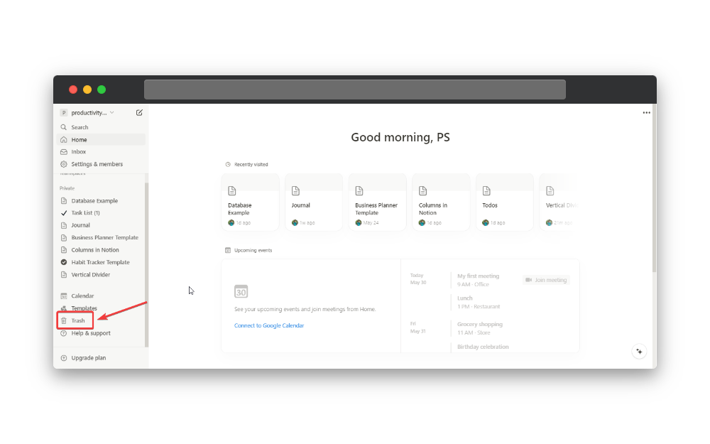 trash in notion